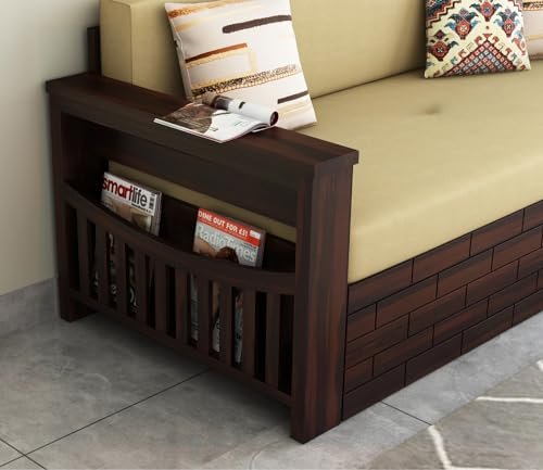 Mamta Furniture Solid Sheesham Wood Sofa Cum Bed Furniture Set with Storage and Cushions for Living Room,Bedroom,Drawing Hall (3-Person Sofa, Light Walnut Finish,Beige, Queen) With 40 Dencity Custion