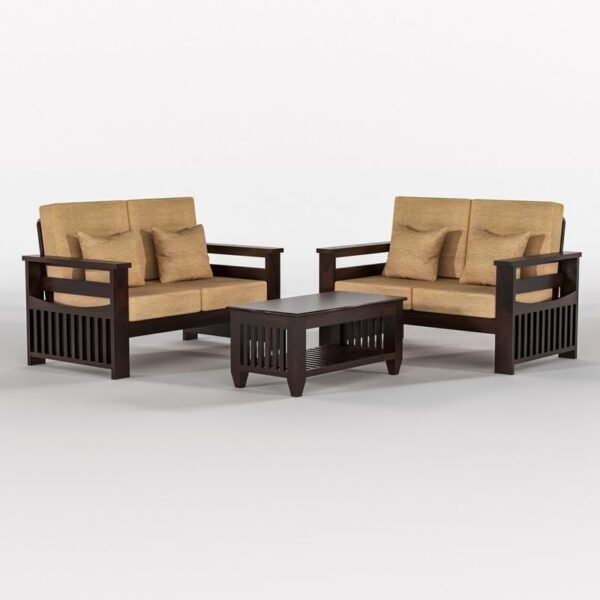 Mamta Furniture Solid Sheesham Wood 4 Seater Sofa Set | 2+2 Configuration | Walnut Finish | Living Room | Beige Cushions | Drawing Room | Without Pillow