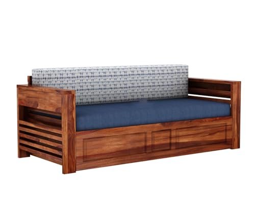 Mamta Furniture Sheesham Wood Foster 3 Seater Sofa Cum Bed | Honey Iris Blue | 40 Density Cushion | Living Room Bed | Queen Size Wooden Bed with Headboard