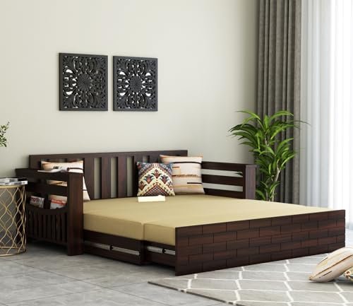Mamta Furniture Solid Sheesham Wood Sofa Cum Bed Furniture Set with Storage and Cushions for Living Room,Bedroom,Drawing Hall (3-Person Sofa, Light Walnut Finish,Beige, Queen) With 40 Dencity Custion