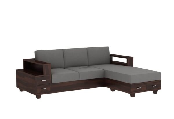 Saamenia Furnitures Solid Sheesham Wooden L shape 5 Seater Sofa Set for Living Room Furniture with Grey Cushions – Walnut Finish