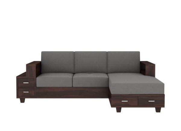 Saamenia Furnitures Solid Sheesham Wooden L shape 5 Seater Sofa Set for Living Room Furniture with Grey Cushions – Walnut Finish