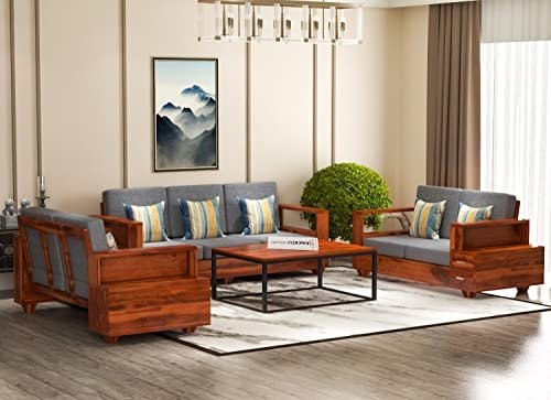 Mamta Furniture 7 Seater Solid Sheesham Wood Sofa Set | Natural Teak Finish | 3+2+2 Seating Configuration | Living Room | Drawing Room | Without Pillow
