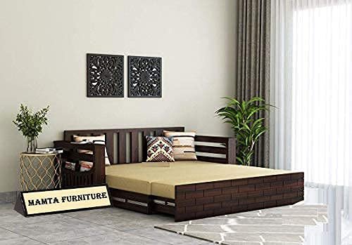 Saamenia Furnitures Solid Sheesham Wooden 3 Seater Sofa Cum Bed with Storage for Living Room Furniture with Cushion - Walnut Finish