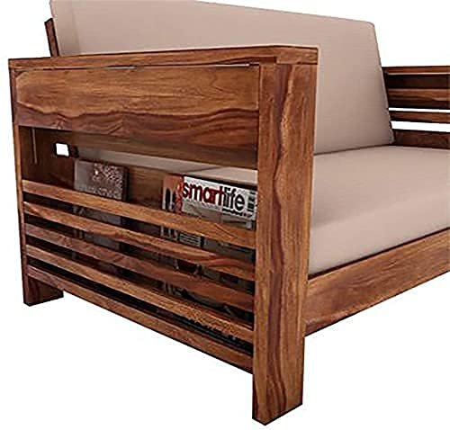 Saamenia Furnitures Solid Sheesham Wood 3 Seater Sofa Set for Living Room Furniture with Cream Cushions – Honey Finish