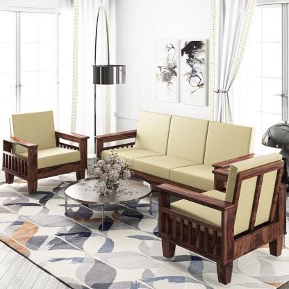 Saamenia Furnitures Solid Sheesham Wood 5 Seater Sofa Set for Living Room Furniture - Brown Finish (3+1+1 Seater)