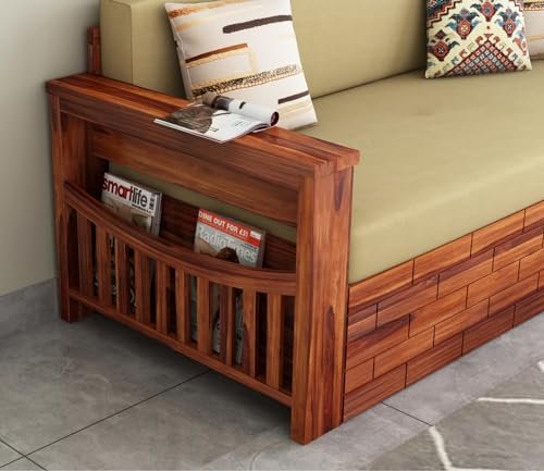 Mamta Furniture Wood Sofa Cum Bed For Home|Wooden Sofa Cums Bed For Living Room|Without Pillow With Cushions|Sheesham Wood Furniture|With Storage|3-Person Sofa, Brown, Natural With 40 Dencity Custion