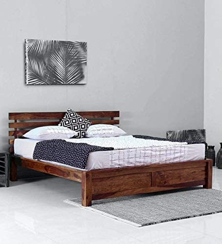 Saamenia Furnitures Wooden Queen Size Bed for Bedroom | Solid Wood Bed Without Storage for Home & Hotel | Solid Wood Bed | Wooden Bed | Bed | (Sheesham Wood, Teak Finish) |