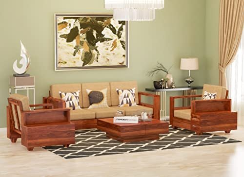 Mamta Furniture Wooden Sheesham Teak Wood Sofa Set 5 Seater , Furniture Living Room , 5 Seater Sofa Set Wooden , Office Furniture Sofa Set , Without Pillow , Honey