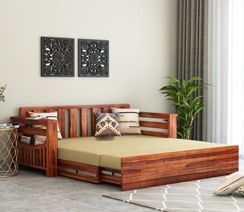 Mamta Furniture Wood Sofa Cum Bed For Home|Wooden Sofa Cums Bed For Living Room|Without Pillow With Cushions|Sheesham Wood Furniture|With Storage|3-Person Sofa, Brown, Natural With 40 Dencity Custion