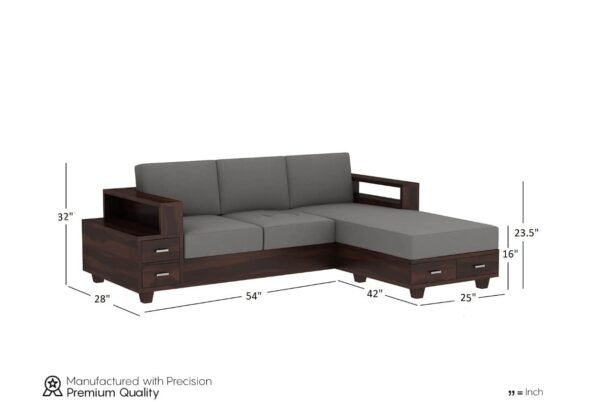 Saamenia Furnitures Solid Sheesham Wooden L shape 5 Seater Sofa Set for Living Room Furniture with Grey Cushions – Walnut Finish