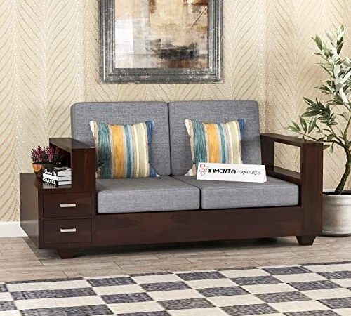 Mamta Furniture Solid Sheesham Wood 2 Seater Sofa | Walnut Finish | Wooden Loveseat | Compact Two Seater Couch Set | Living Room | Drawing Room | Without Pillow