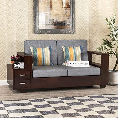 Mamta Furniture Solid Sheesham Wood 2 Seater Sofa | Walnut Finish | Wooden Loveseat | Compact Two Seater Couch Set | Living Room | Drawing Room | Without Pillow