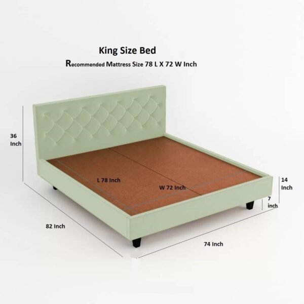 Mamta Furniture King Size Fabric Bed | Button Tufted Upholstered Headboard | Double Bed Palang for Bedroom | Engineered Wood Frame Cot | Light Green | Master Bedroom