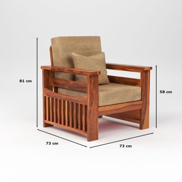 Mamta Furniture Solid Sheesham Wood 1 Seater Sofa with Beige Cushions | Honey Finish | Living Room | Compact Lounge Chair | Drawing Room | Without Pillow