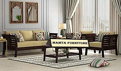 Saamenia furnitures™ Solid Sheesham Wood 5 Seater Sofa Set | Living Room Wooden Sofa Set Furniture - Walnut Finish with Cream Cushions (Walnut, Without Coffee Table)