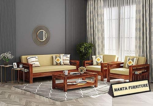 Saamenia furnitures™ Wooden Solid Sheesham Wood 5 Seater Sofa Set with Cushions (5 Seater Sofa | 3+1+1 with Coffee Table, Honey Finish 1)