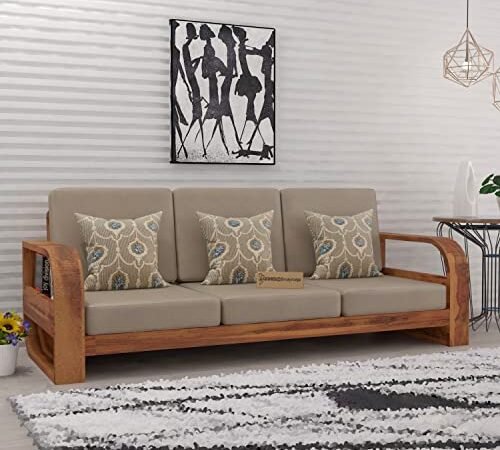 Saamenia FurnituresWooden 3 Seater Sofa Set for Living Room, Three Seater Sofa with 40 Density Cushions for Office & Lounge, 3 Seater Sofa Sets for Home, Sheesham Wood, Honey