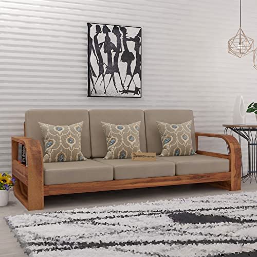 Saamenia FurnituresWooden 3 Seater Sofa Set for Living Room, Three Seater Sofa with 40 Density Cushions for Office & Lounge, 3 Seater Sofa Sets for Home, Sheesham Wood, Honey