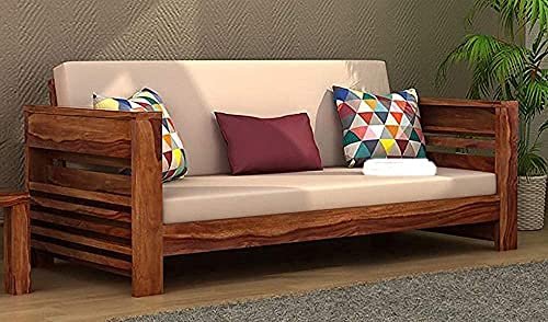 Saamenia Furnitures Solid Sheesham Wood 3 Seater Sofa Set for Living Room Furniture with Cream Cushions - Honey Finish