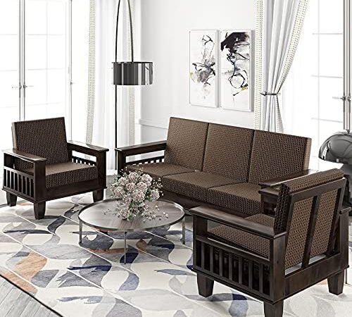 Mamta Furniture Solid Wood Sofa Set 3+1+1 Seater Home Living Room | Sofa Set 5 Seater Wooden | 5 Seater Sofa Set | Without Pillow | Cream Cushions | Sheesham Teak Wood Sofa Set Furniture | Dark Walnut
