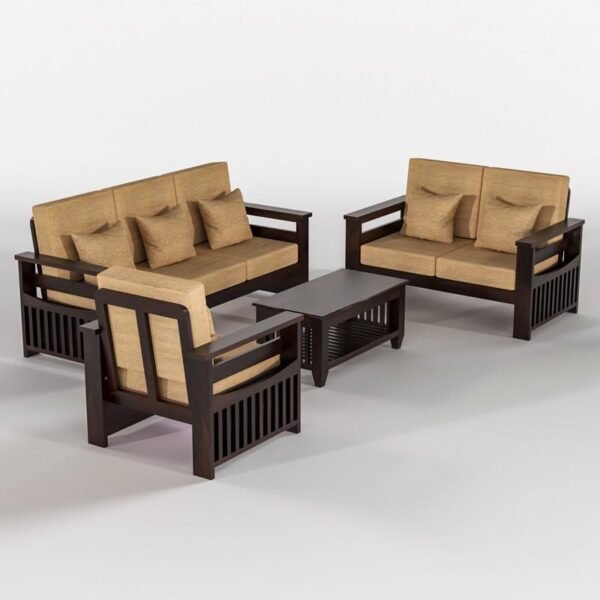 Mamta Furniture Solid Sheesham Wood 6 Seater Sofa Set for Living Room, 3+2+1 Seater Sofa Sets for Office & Lounge, Home with Beige Cushions – Walnut Finish