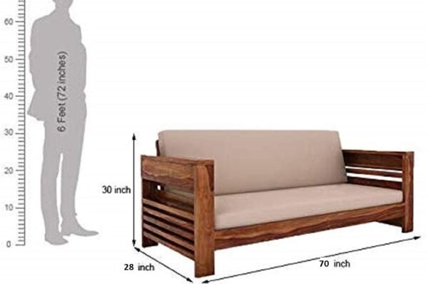Mamta Furniture Solid Wood 3 Seater Sofa Home Living Room Furniture , Wooden 3 Seater Sofa , Sheesham Wood Sofa , Without Pillow . Cream Cushions – Honey Finish