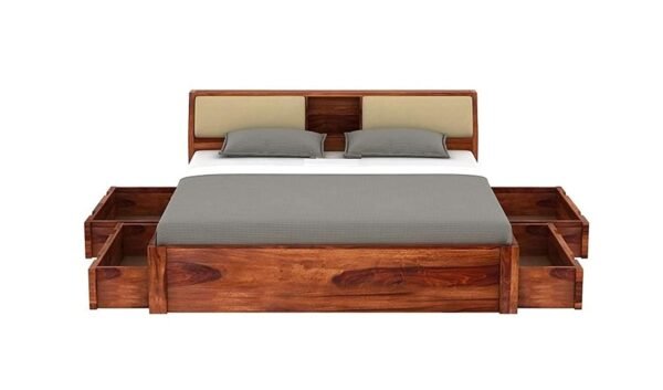Saamenia furnitures™ Sheesham Wood Glossy King Size Bed with 4 Drawer Side Storage – Honey Finish