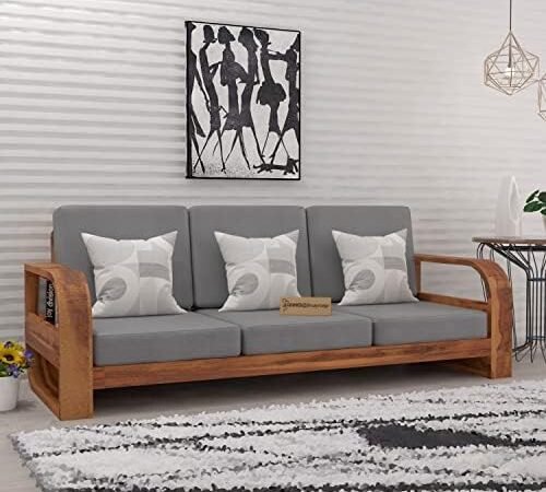Mamta Furniture Wooden 3 Seater Sofa Set for Living Room, Three Seater Sofa with 40 Density Cushions for Office & Lounge, 3 Seater Sofa Sets for Home, Sheesham Wood, Honey Finish