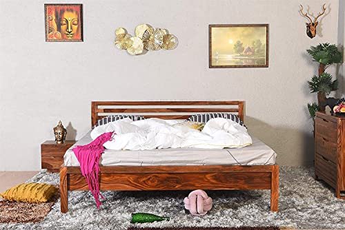 Saamenia Furnitures Solid Sheesham Wood Queen Size Double Bed Furniture for Bedroom Wooden Beds Without Storage for Living Room Home Decor & Hotel (Brown)