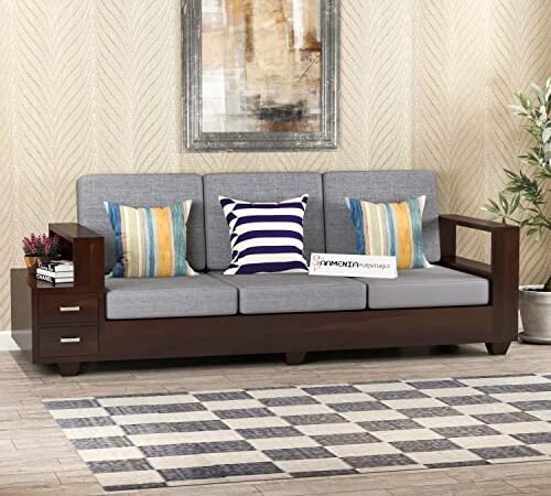 Mamta Furniture Solid Sheesham Wood 3 Seater Sofa Set with Attached 2 Shelf Drawers | Walnut Finish | Wooden Lounge Seating | Living Room | Drawing Room