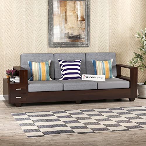Mamta Furniture Solid Sheesham Wood 3 Seater Sofa Set with Attached 2 Shelf Drawers | Walnut Finish | Wooden Lounge Seating | Living Room | Drawing Room