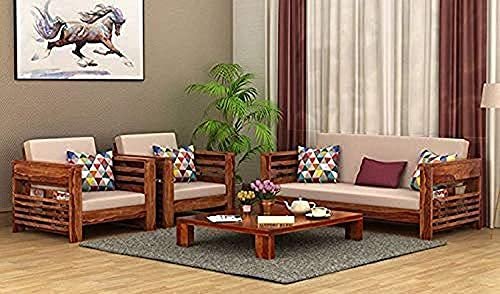 Saamenia Furnitures Solid Sheesham Wood 5 Seater Sofa Set for Living Room Furniture with Brown Cushions - Brown Finish (3+1+1 Seater)