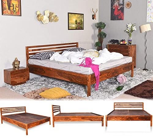 Saamenia Furnitures Solid Sheesham Wood Queen Size Double Bed Furniture for Bedroom Wooden Beds Without Storage for Living Room Home Decor & Hotel (Brown)