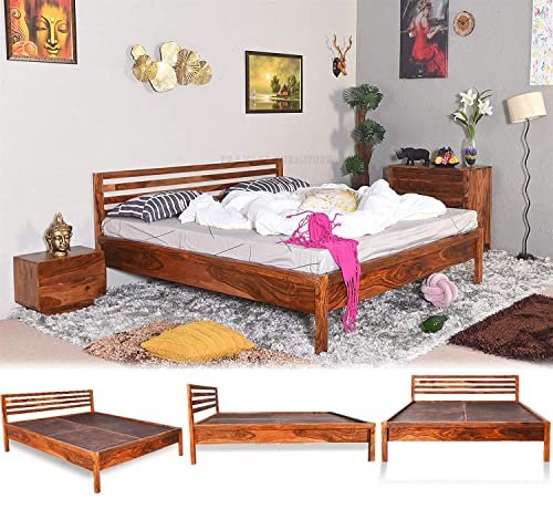 Saamenia Furnitures Solid Sheesham Wood Queen Size Double Bed Furniture for Bedroom Wooden Beds Without Storage for Living Room Home Decor & Hotel (Brown)