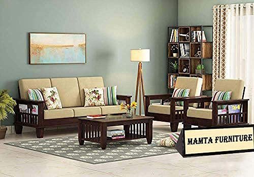 Saamenia furnitures™ Wooden Solid Teak Wood 5 Seater Sofa Set with Cushions (5 Seater Sofa | 3+1+1, Walnut Finish)