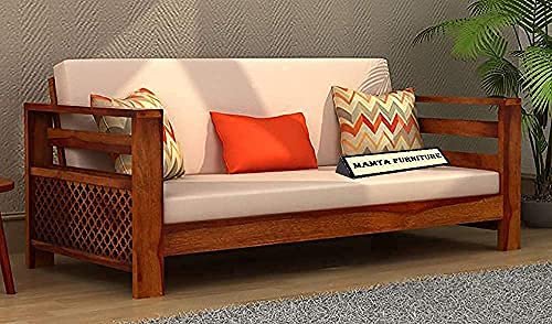 Saamenia Furnitures Solid Sheesham Wood 3 Seater Sofa Set for Living Room Furniture with Cream Cushions - Honey Finish