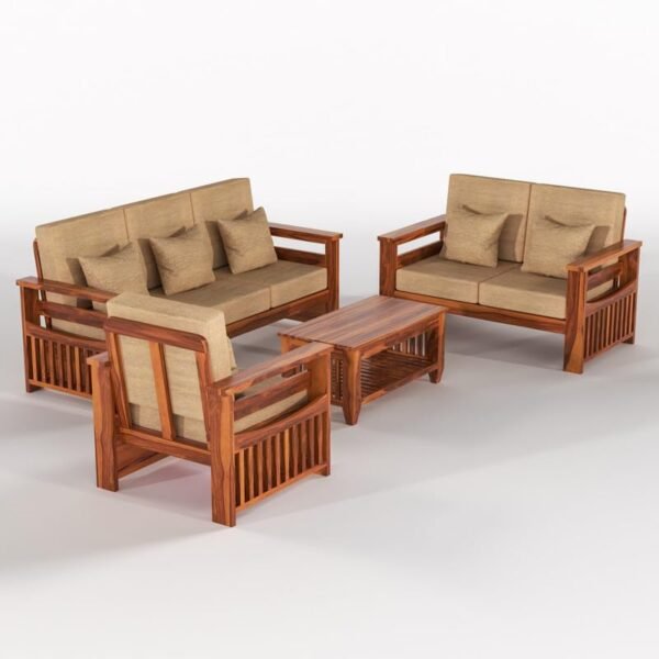 Mamta Furniture Solid Sheesham Wood 6 Seater Sofa Set for Living Room, 3+2+1 Seater Sofa Sets for Office & Lounge, Home with Beige Cushions – Honey Finish