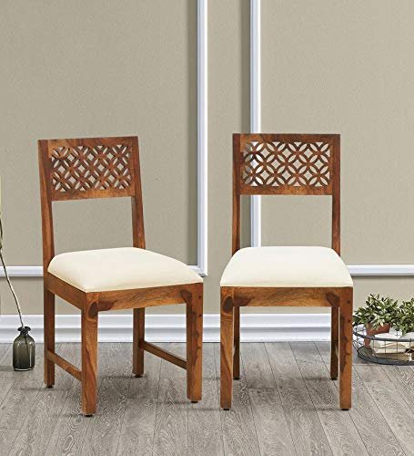 SAAMENIA FURNITURES Solid Sheesham Wooden Dining Chair Set of 2 Living Room Furniture with Cushions – Rustik Teak Finish