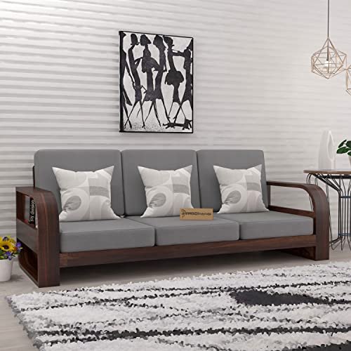 SAAMENIA FURNITURES Wooden 4 Seater Sofa Set for Living Room, Four Seater Sofa with 40 Density Cushions for Office & Lounge, 3+1 Seater Sofa Sets for Home, Sheesham Wood, Walnut Finish