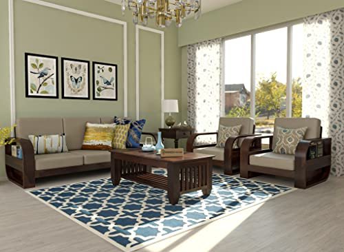 SAAMENIA FURNITURES Wooden 5 Seater Sofa Set for Living Room, Five Seater Sofa with 40 Density Cushions for Office & Lounge, 3+1+1 Seater Sofa Sets for Home, Sheesham Wood, Walnut Finish