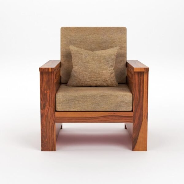Mamta Furniture Solid Sheesham Wood 1 Seater Sofa with Beige Cushions | Honey Finish | Living Room | Compact Lounge Chair | Drawing Room | Without Pillow
