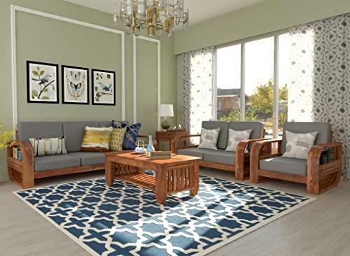 Saamenia FurnituresWooden 6 Seater Sofa Set for Living Room, Six Seater Sofa with 40 Density Cushions for Office & Lounge, 3+2+1 Seater Sofa Sets for Home, Sheesham Wood, Honey Finish