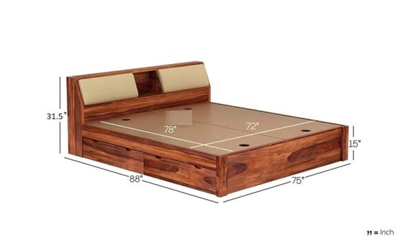 Saamenia furnitures™ Sheesham Wood Glossy King Size Bed with 4 Drawer Side Storage – Honey Finish