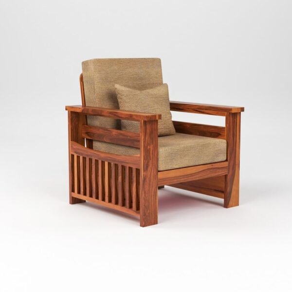 Mamta Furniture Solid Sheesham Wood 1 Seater Sofa with Beige Cushions | Honey Finish | Living Room | Compact Lounge Chair | Drawing Room | Without Pillow