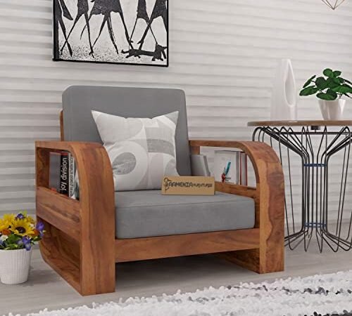 Saamenia FurnituresWooden 1 Seater Sofa Set for Living Room, One Seater Sofa with 40 Density Cushions for Office & Lounge, Sheesham Wood, Honey Finish