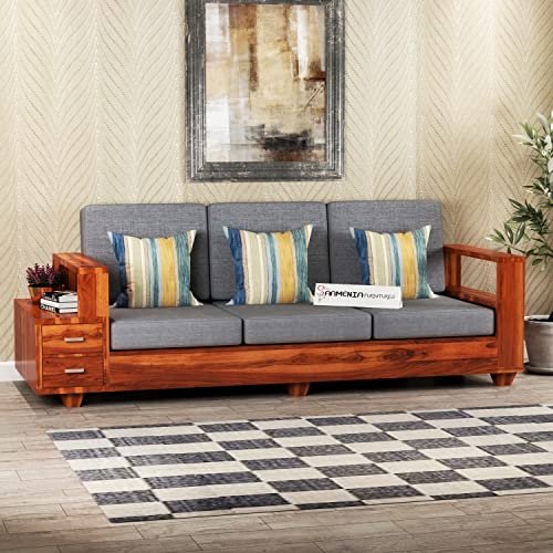 Mamta Furniture Solid Sheesham Wood 3 Seater Sofa Set with 2 Shelf Drawers | Brown Finish | Wooden Couch with Storage | Living Room | Drawing Room | Without Pillow