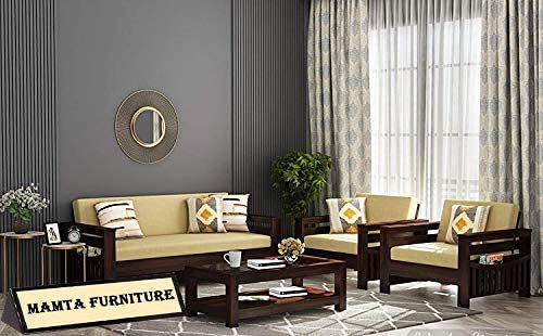 Wooden Solid Sheesham Wood 5 Seater Sofa Set with Cushions (5 Seater Sofa | 3+1+1 with Coffee Table, Walnut Finish 1)