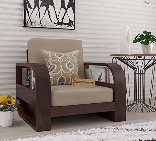 Saamenia FurnituresWooden 1 Seater Sofa Set for Living Room, One Seater Sofa with 40 Density Cushions for Office & Lounge, Sheesham Wood, Walnut