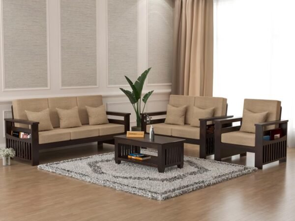 Mamta Furniture Solid Sheesham Wood 6 Seater Sofa Set for Living Room, 3+2+1 Seater Sofa Sets for Office & Lounge, Home with Beige Cushions - Walnut Finish